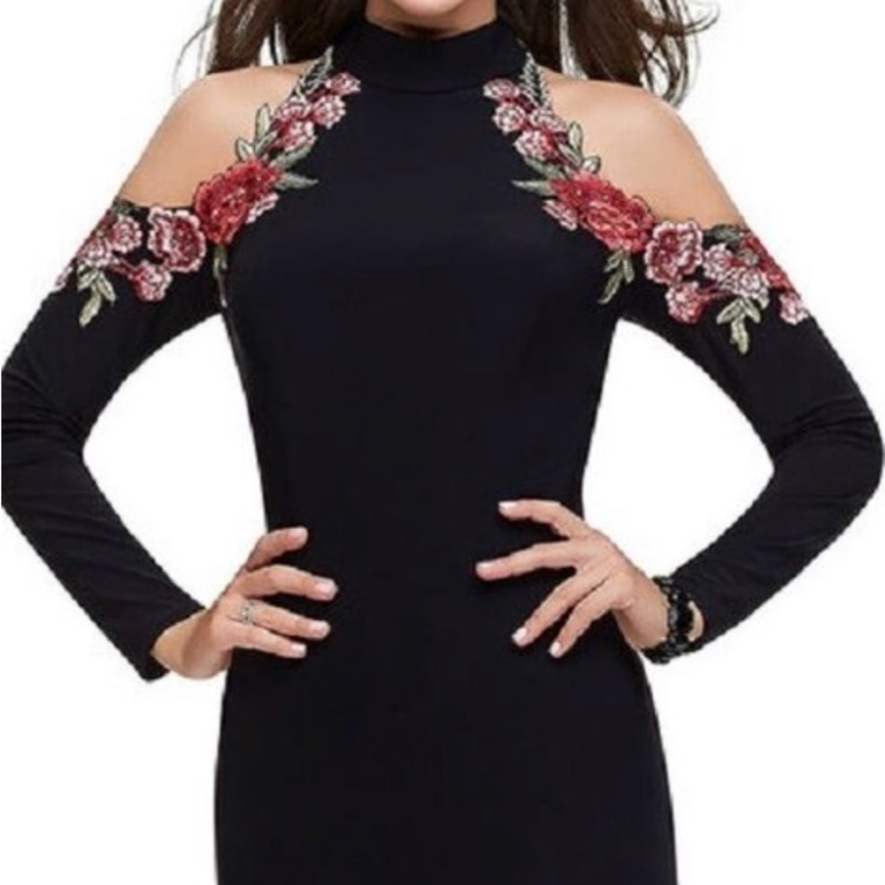 Embroidered Black Floral Formal Gown.Long sleeve, cold shoulders, floor length
